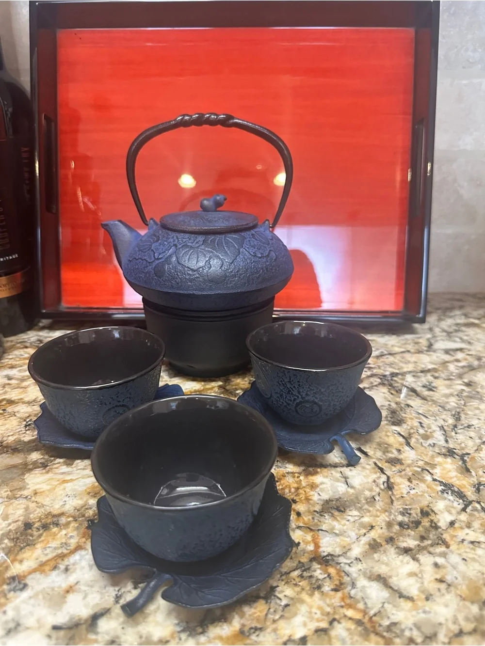 TeaVana Blue Cast Iron Teapot & Cups w/Floral Design & Black & Red Lacquer Tray